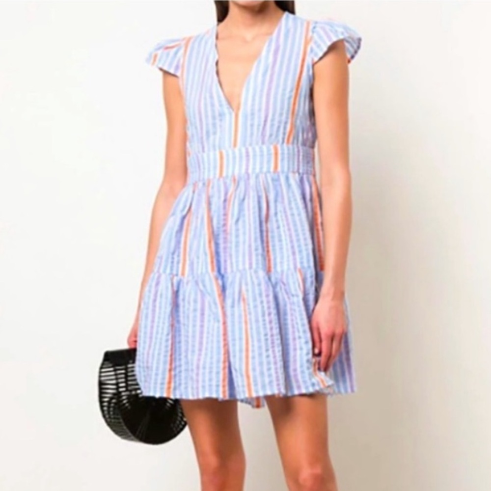 Lemlem Bekele Flutter Sleeve Cotton Blend Blue Multi Stripe Mini Dress EUC Sz XS